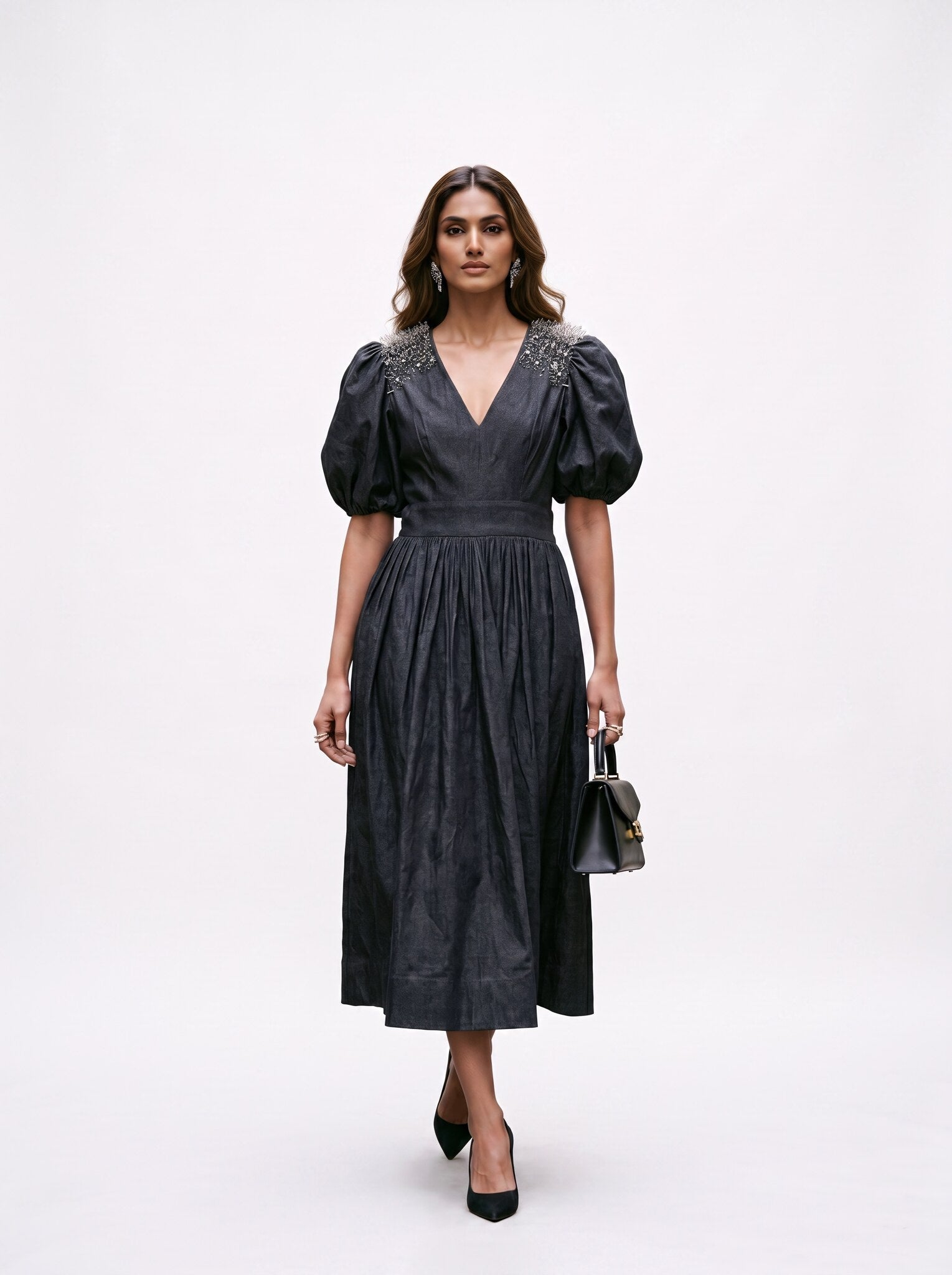 SoSaaVee Black Magic black embellished midi dress - model studio front view
