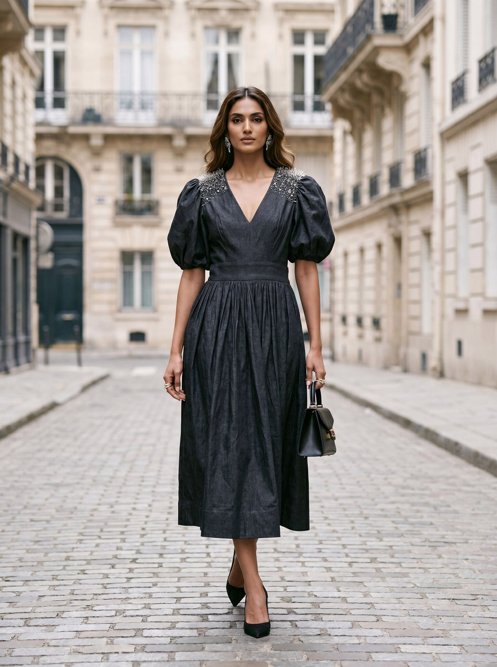 SoSaaVee Black Magic black embellished midi dress - lifestyle street front view