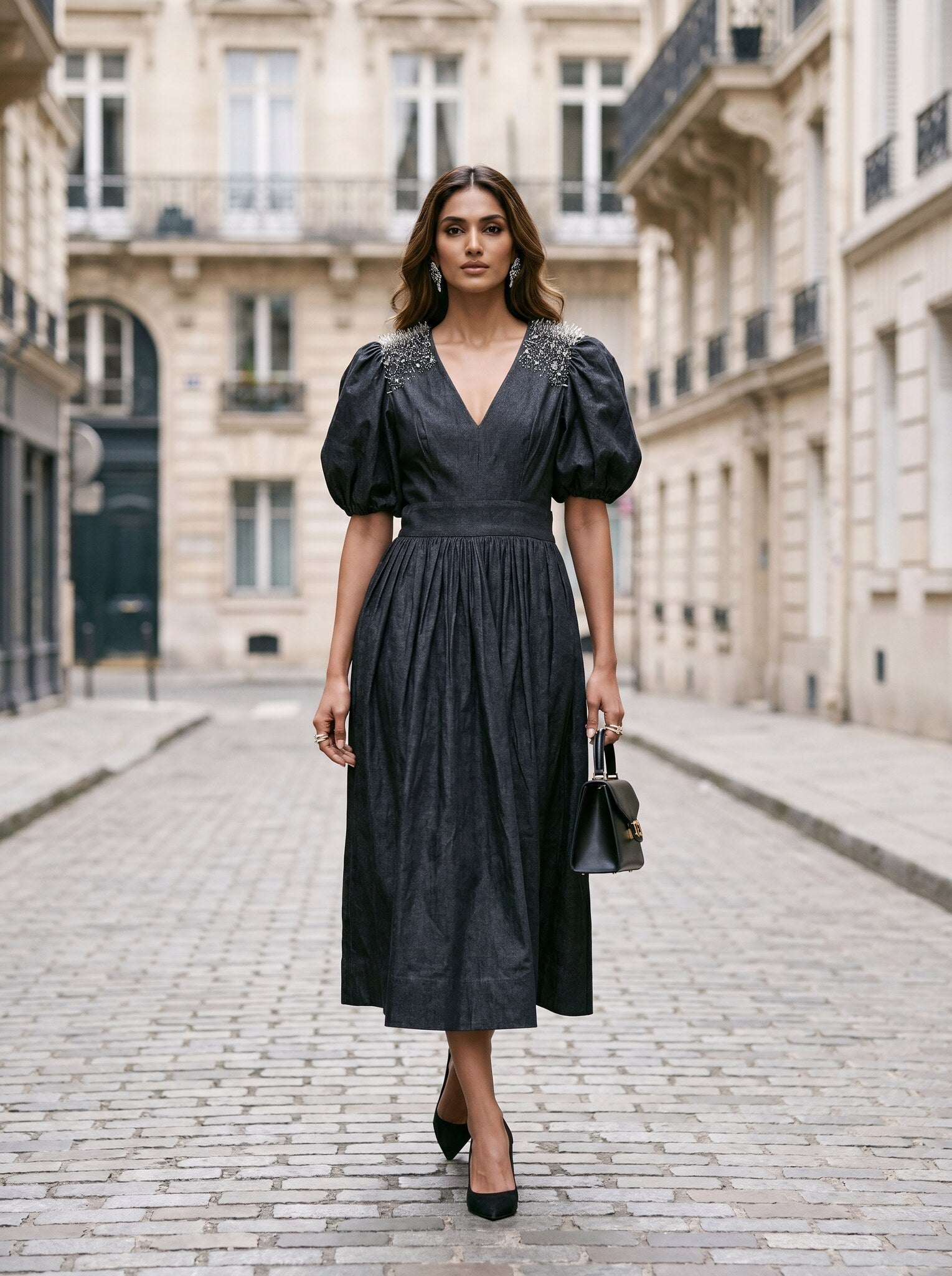 SoSaaVee Black Magic black embellished midi dress - lifestyle street front view