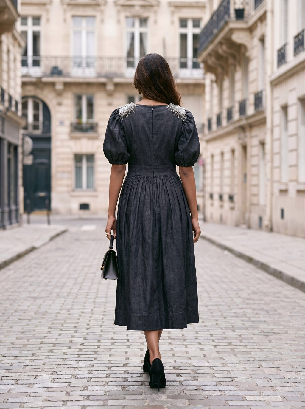 SoSaaVee Black Magic black embellished midi dress - model walking back view