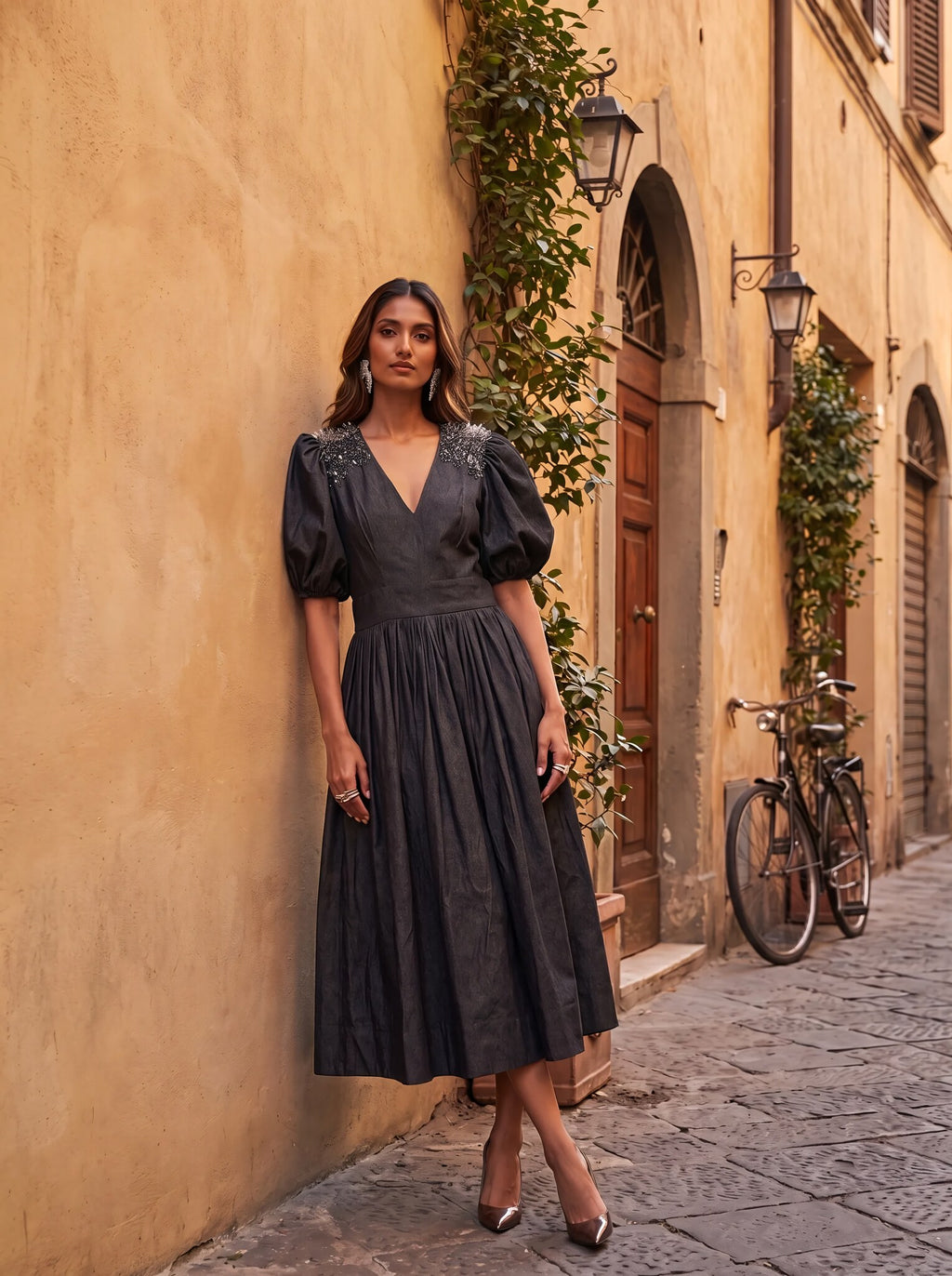 SoSaaVee Black Magic black embellished midi dress - lifestyle alley shot