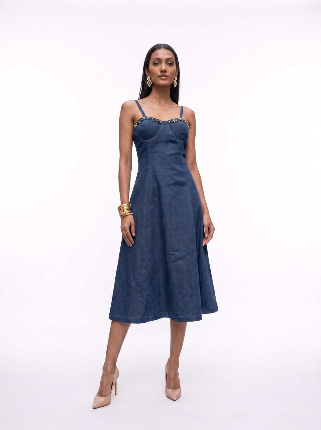 SoSaaVee Me Time navy denim midi dress - model studio front view