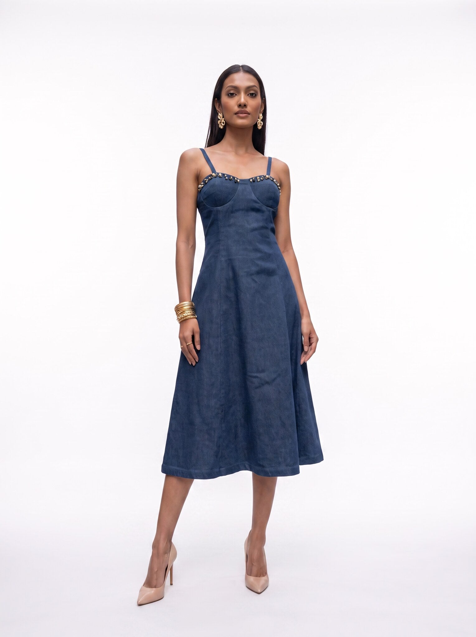 SoSaaVee Me Time navy denim midi dress - model studio front view