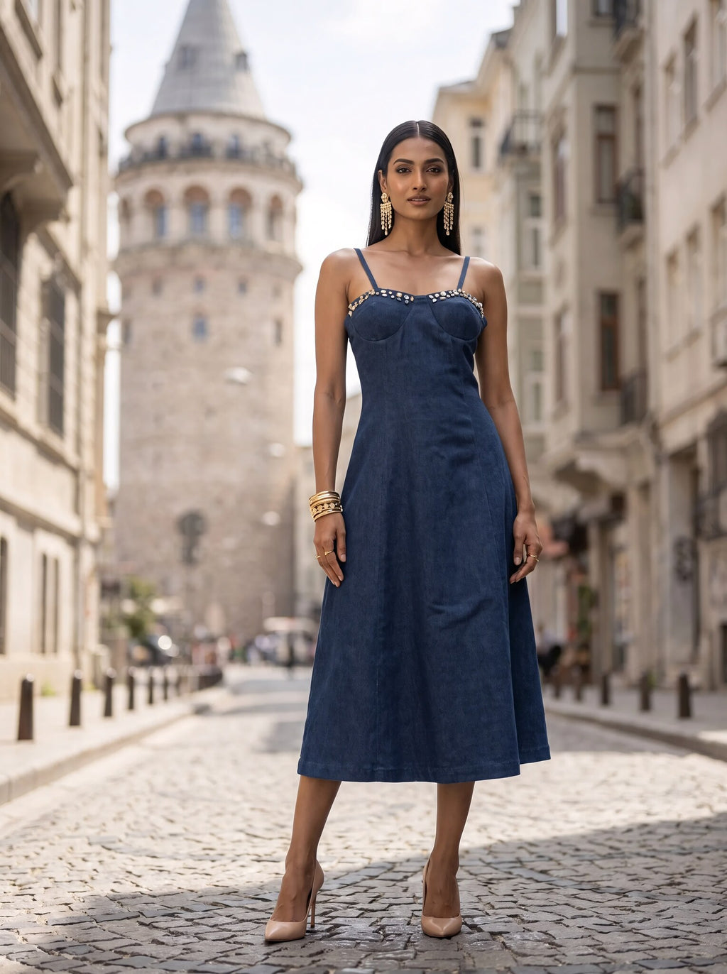 SoSaaVee Me Time navy denim midi dress - lifestyle street front view
