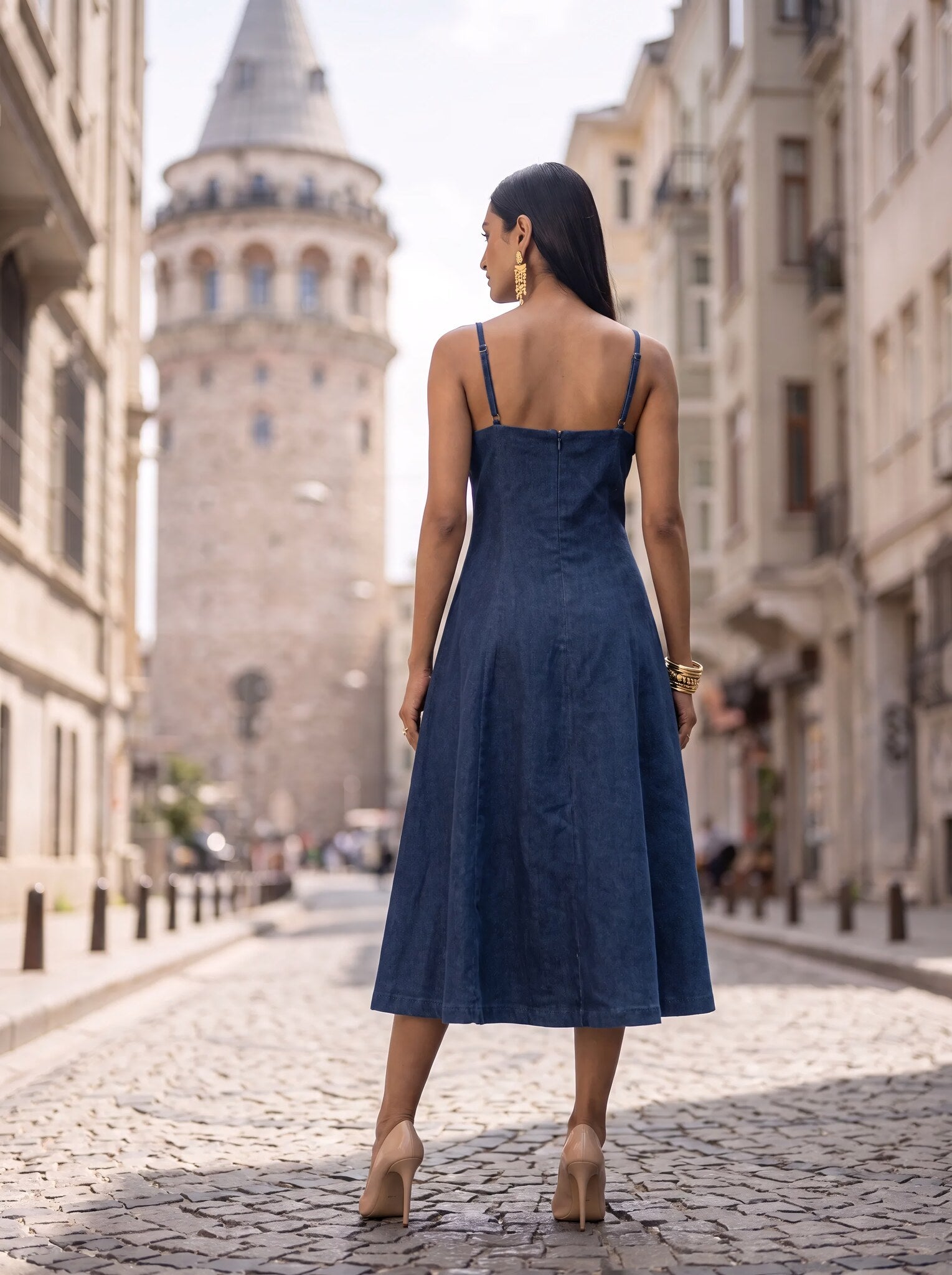 SoSaaVee Me Time navy denim midi dress - model walking back view