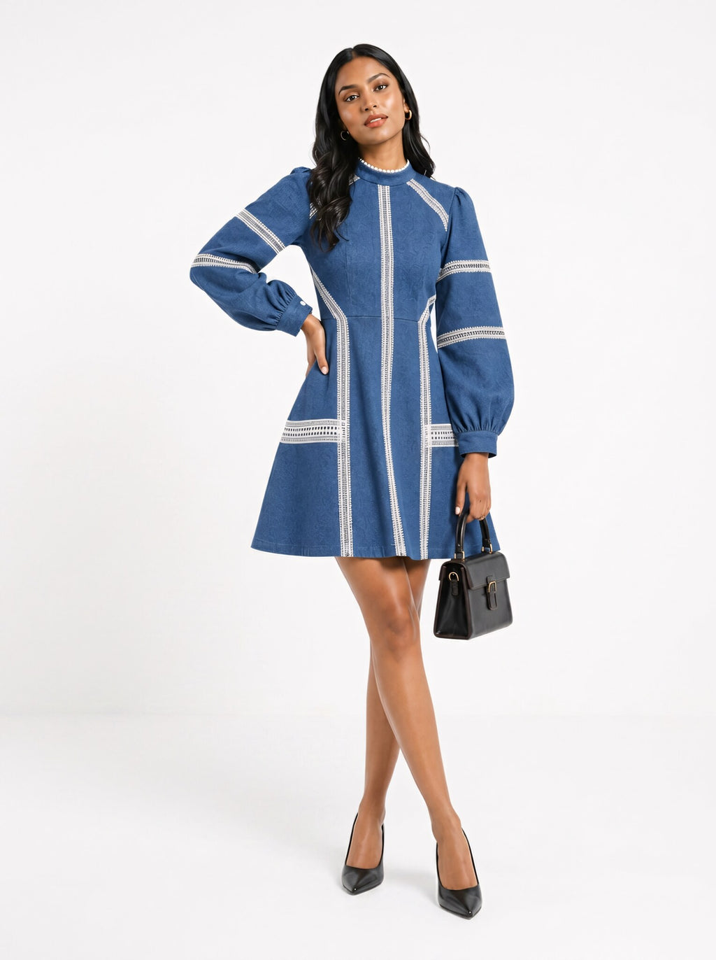 SoSaaVee Shop In Style blue denim mini dress - model studio front view
