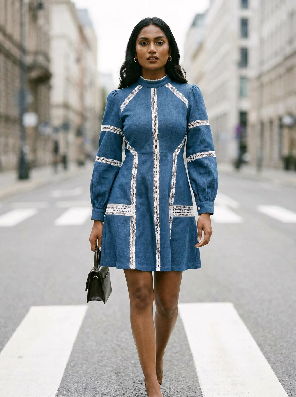 SoSaaVee Shop In Style blue denim mini dress - model walking front view