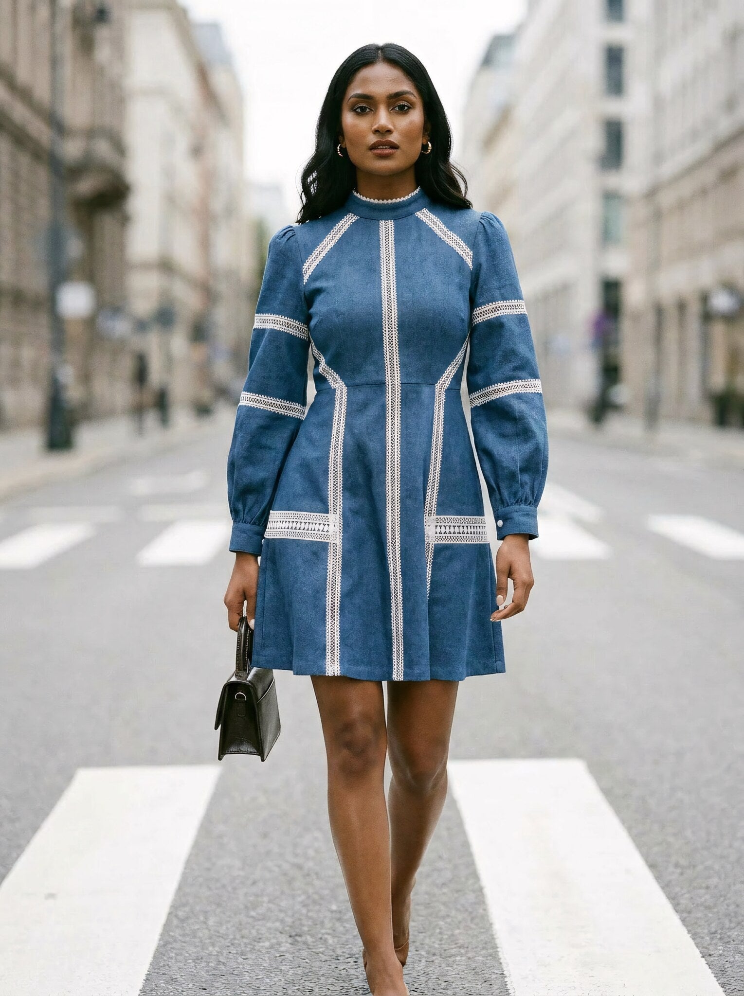 SoSaaVee Shop In Style blue denim mini dress - model walking front view