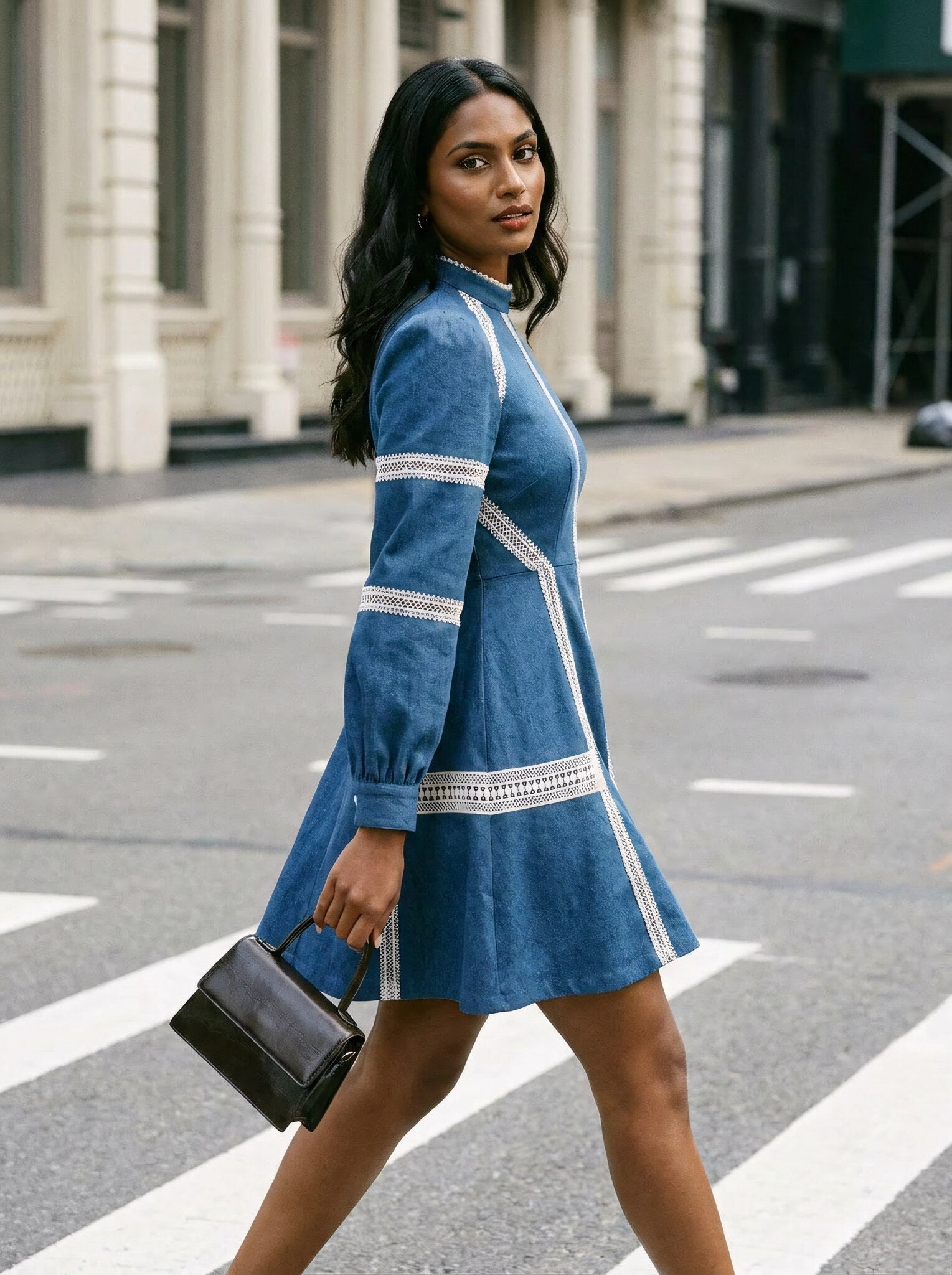 SoSaaVee Shop In Style blue denim mini dress - model walking side view