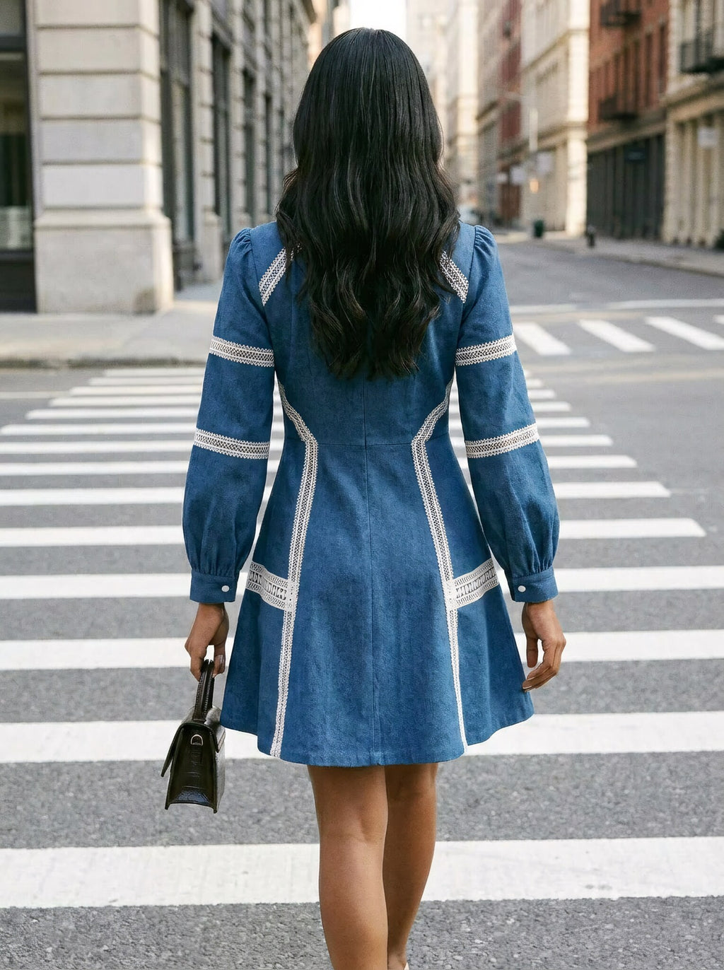 SoSaaVee Shop In Style blue denim mini dress - model walking back view